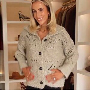 ZARA | Pointelle Chunky Knit Cardigan Beige Smoke Tone Small NWT Cozy Knit